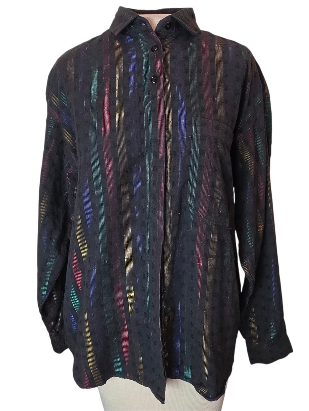 Vintage Rainbow Stripe Button-Up Shirt Size M 90s Disco-Style Optical IIllusion